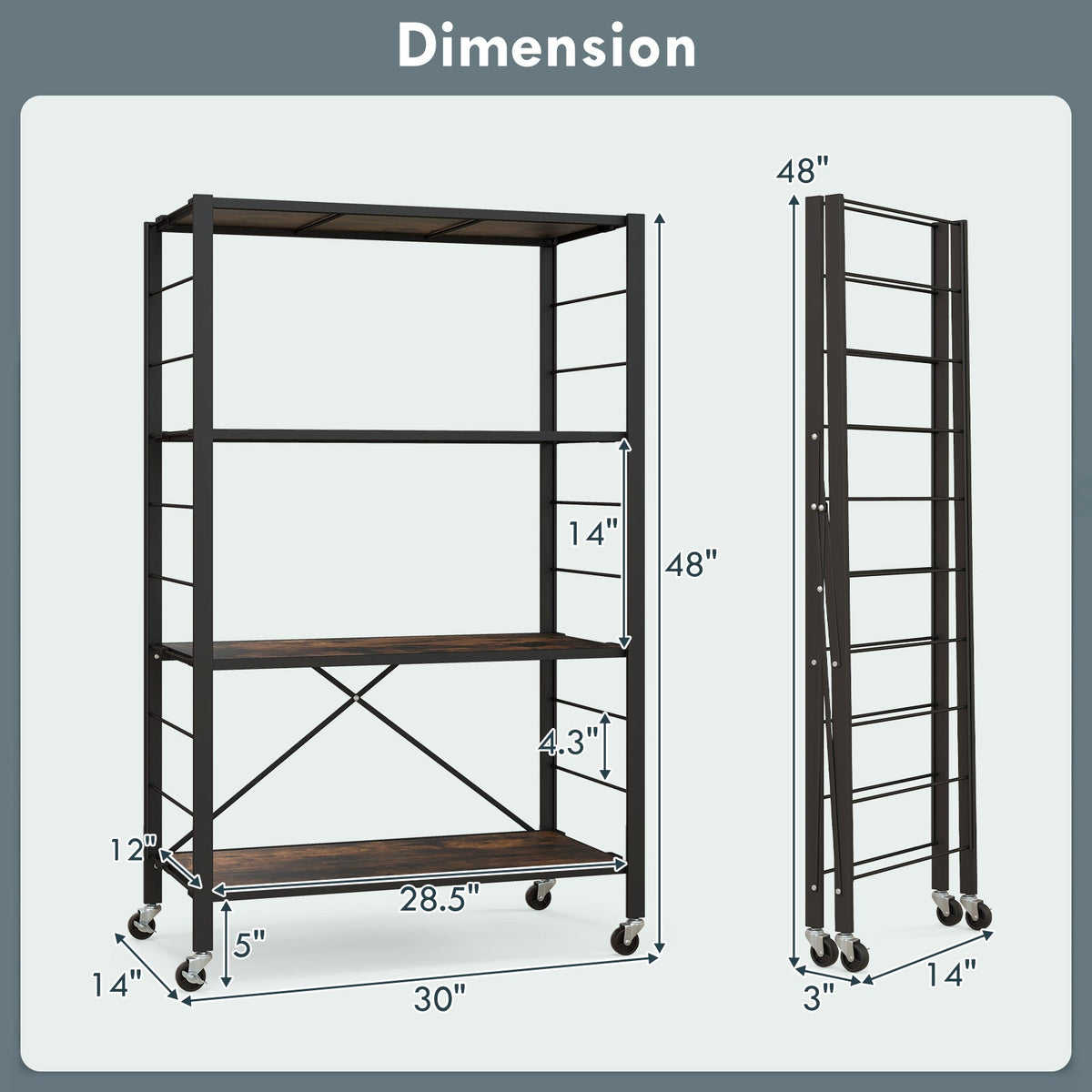 4-Tier Foldable Storage Rack with Wheels - 180 lbs Capacity
