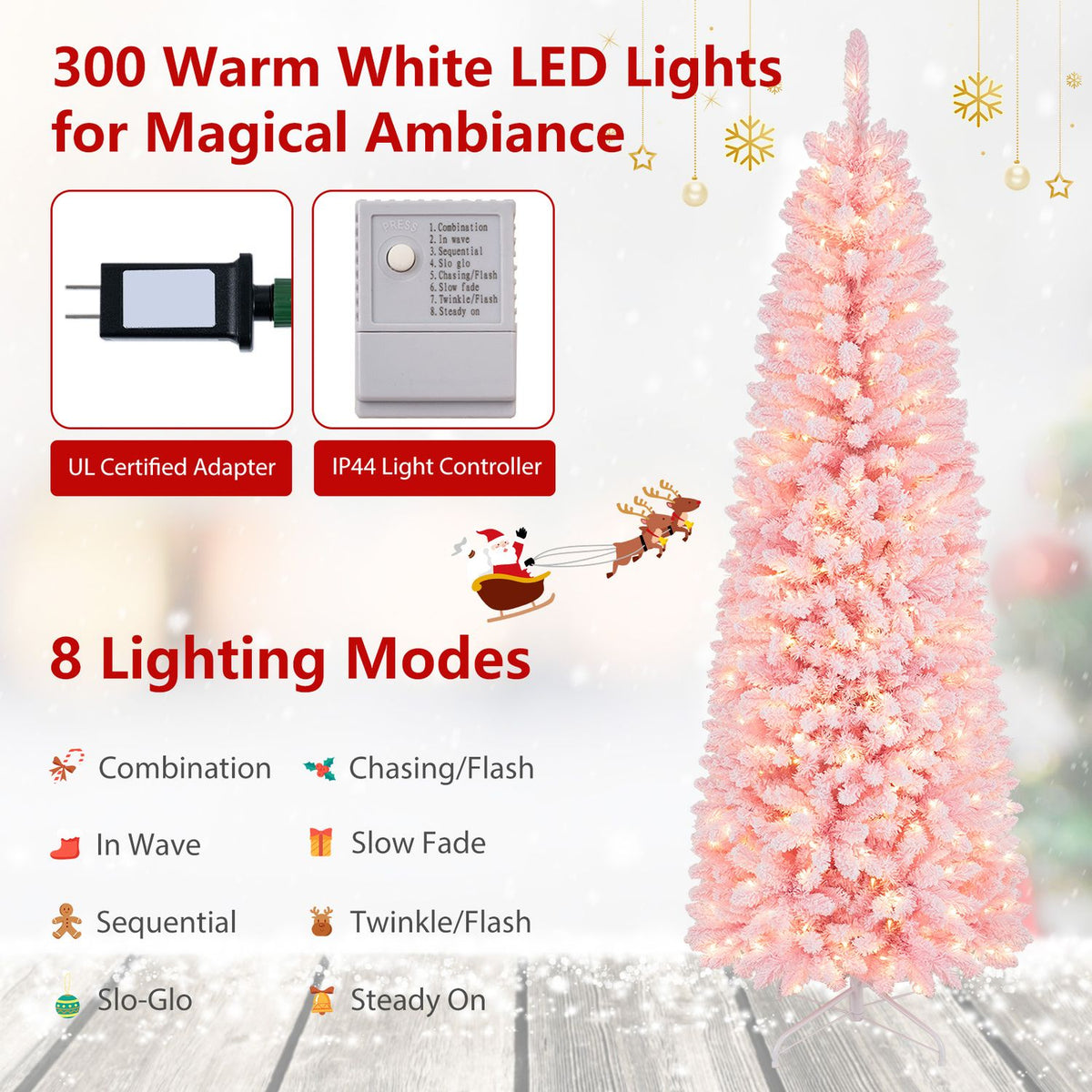 7 Feet Pre-Lit Snow Flocked Hinged Pencil Christmas Tree with 300 Lights and 8 Modes