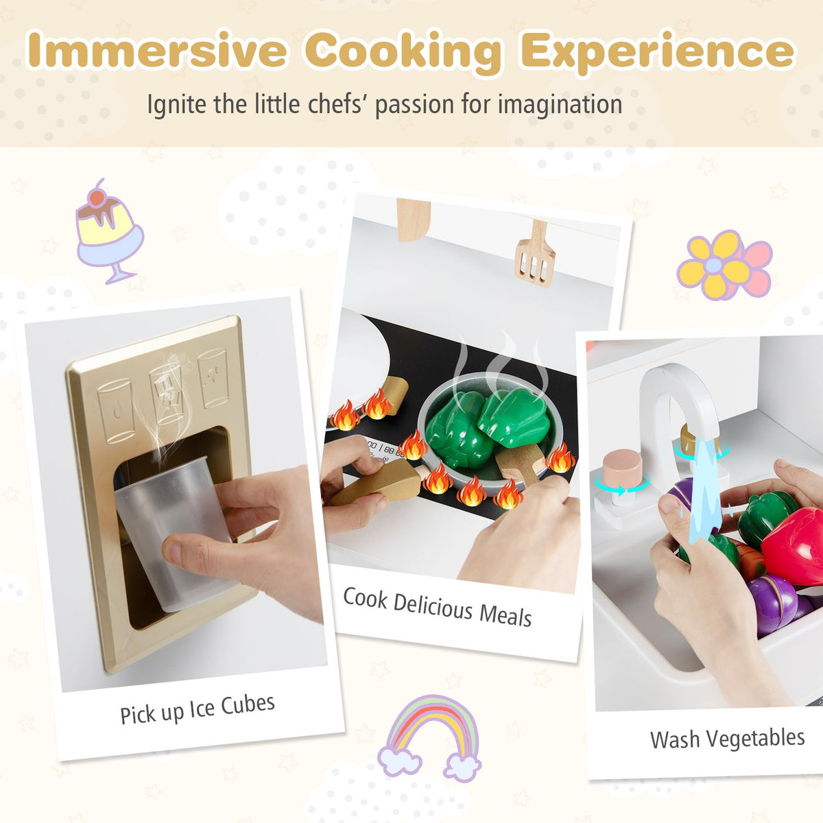 Kids Kitchen Playset with 17 Pcs Accessories and Oven Ice Maker and Stove