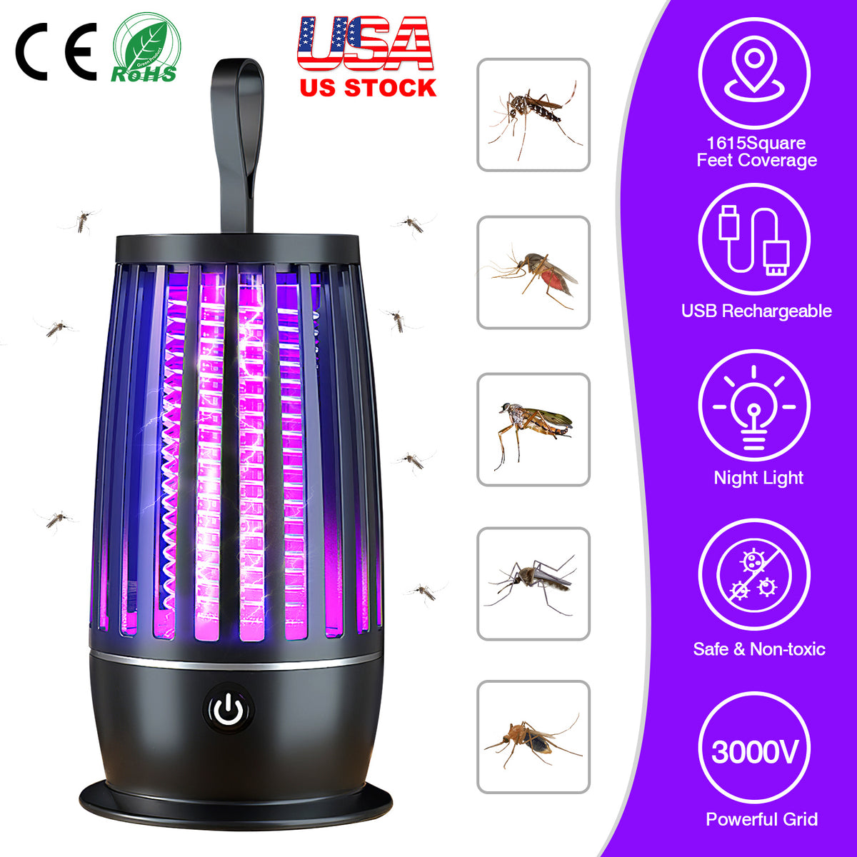 Rechargeable Bug Zapper with UV Light & Night Light