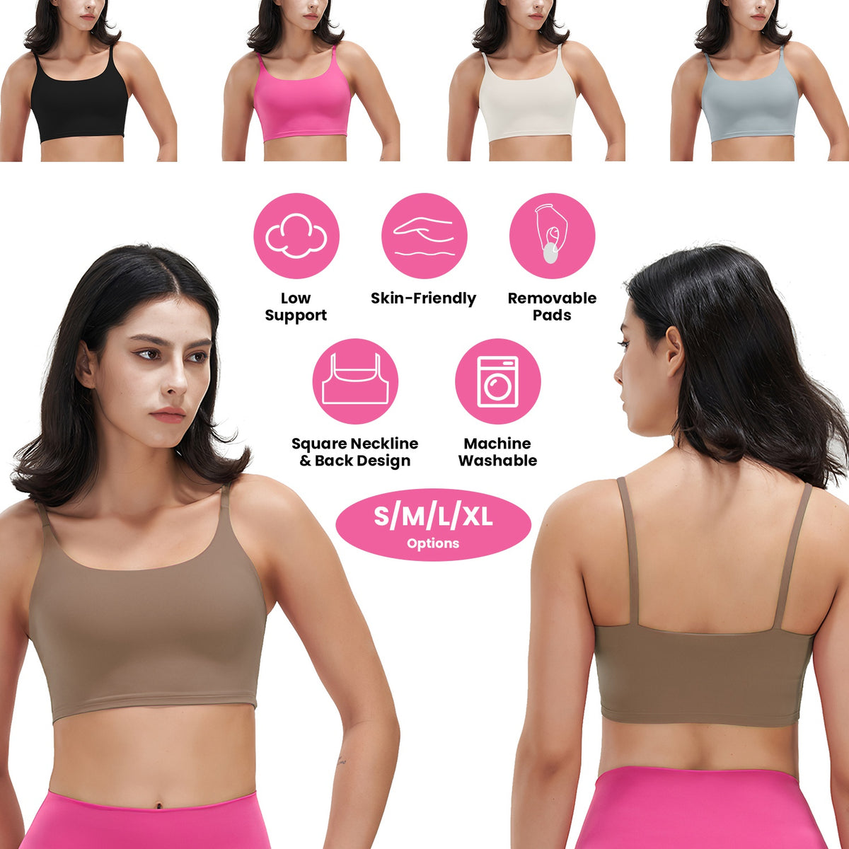 Women Strap Sport Bras Padded Strappy Crop Square Neck Low Impact Bras Sexy Fitness Tank Tops with Removable Pads Flat Straps for Gym Yoga Workout Run