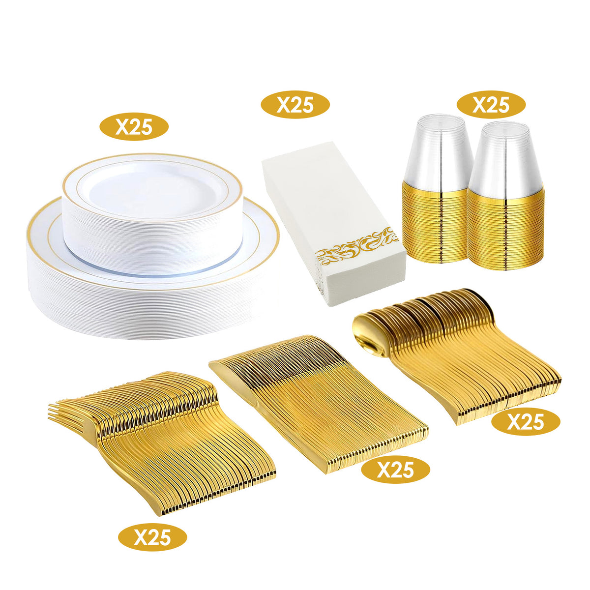 Disposable Gold Rim Dinnerware Set - 175 Pieces for 25 Guests