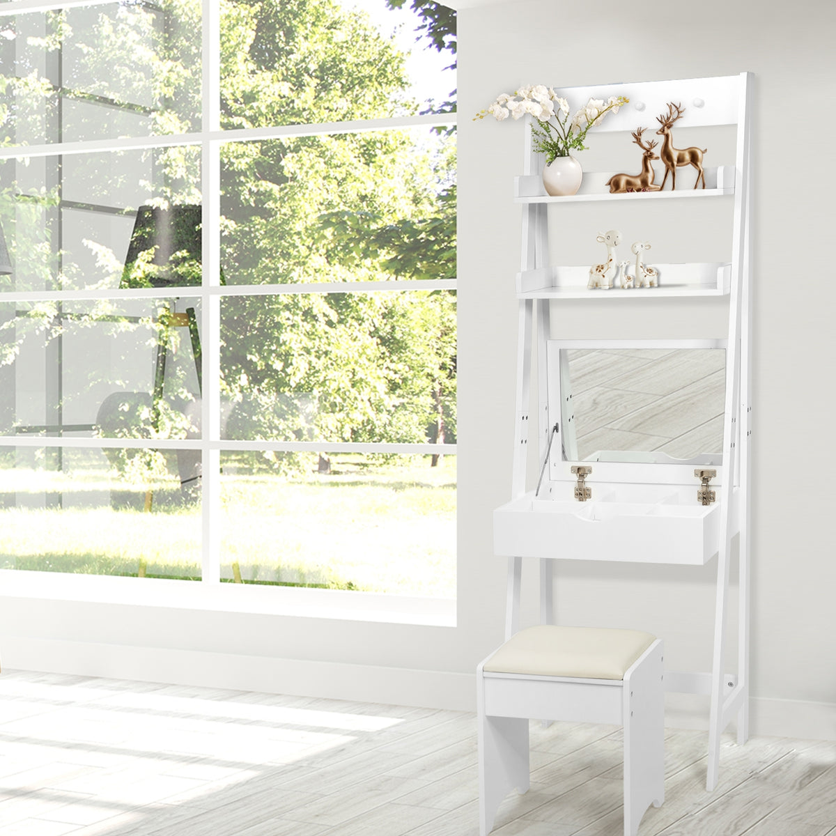 3-in-1 Vanity Set with Flip Top Mirror and Cushioned Stool