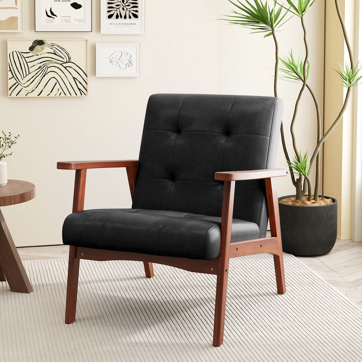 Mid Century Accent Chair with Tufted Leather Upholstery