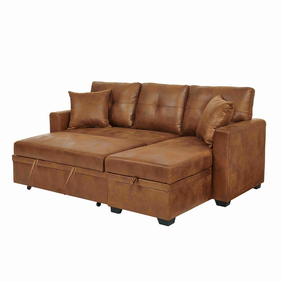 Sleeper Sofa with Pull-Out Bed, L-Shaped Sectional Couch with Reversible Chaise and Storage, Foil Fabric Upholstered Sof