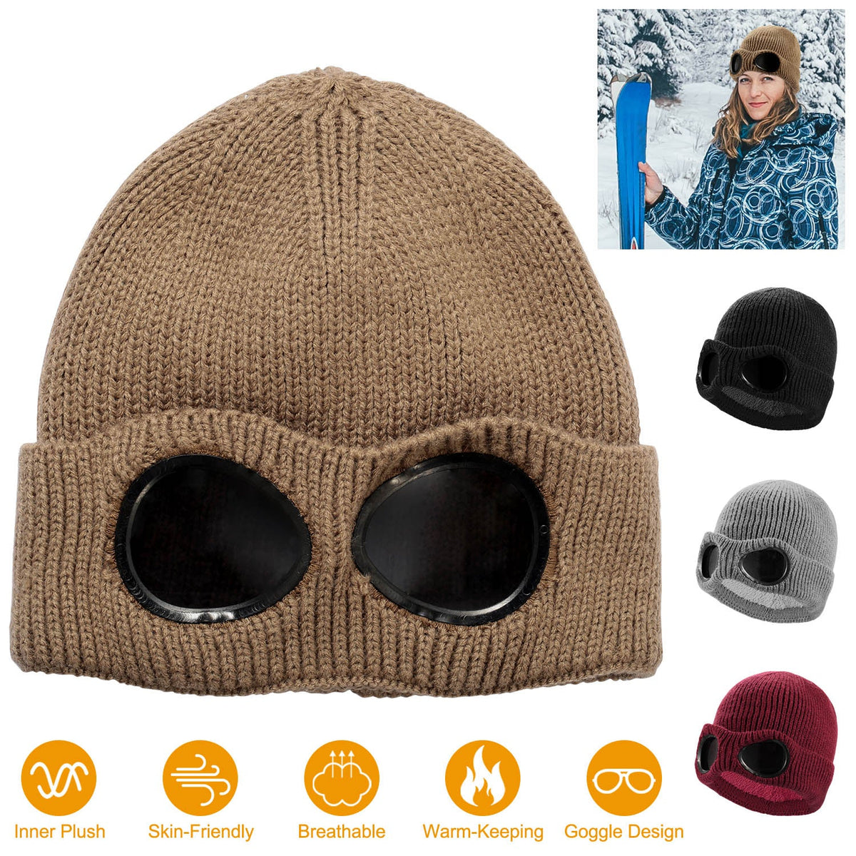 Unisex Knit Beanie Hat with Goggle Chunky Winter Warm Hat Skull Cap 4 Colors