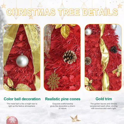 6FT Red Pre-Lit Christmas Tree with 150 LED Lights & Ornaments