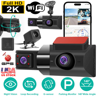 2K Dash Cam with 3 Channels, GPS, WiFi & Night Vision