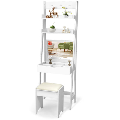 3-in-1 Vanity Set with Flip Top Mirror and Cushioned Stool
