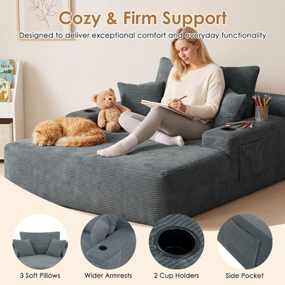 Convertible Chaise Lounge Sleeper Sofa with Cup Holders & Pillows