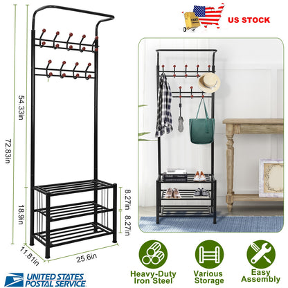 Entryway Hall Tree with Shoe Bench and 18 Hooks