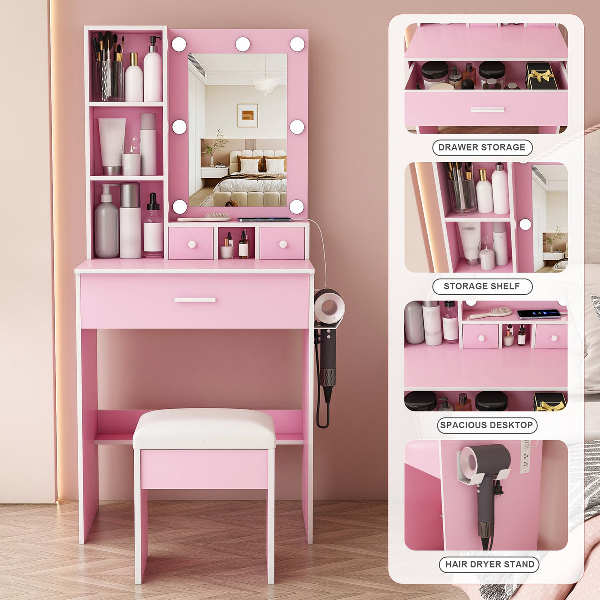 Vanity Desk Set with LED Lighted Mirror, Padded Stool, Power Outlet & Hair Dryer Holder, Compact Makeup Vanity for Small