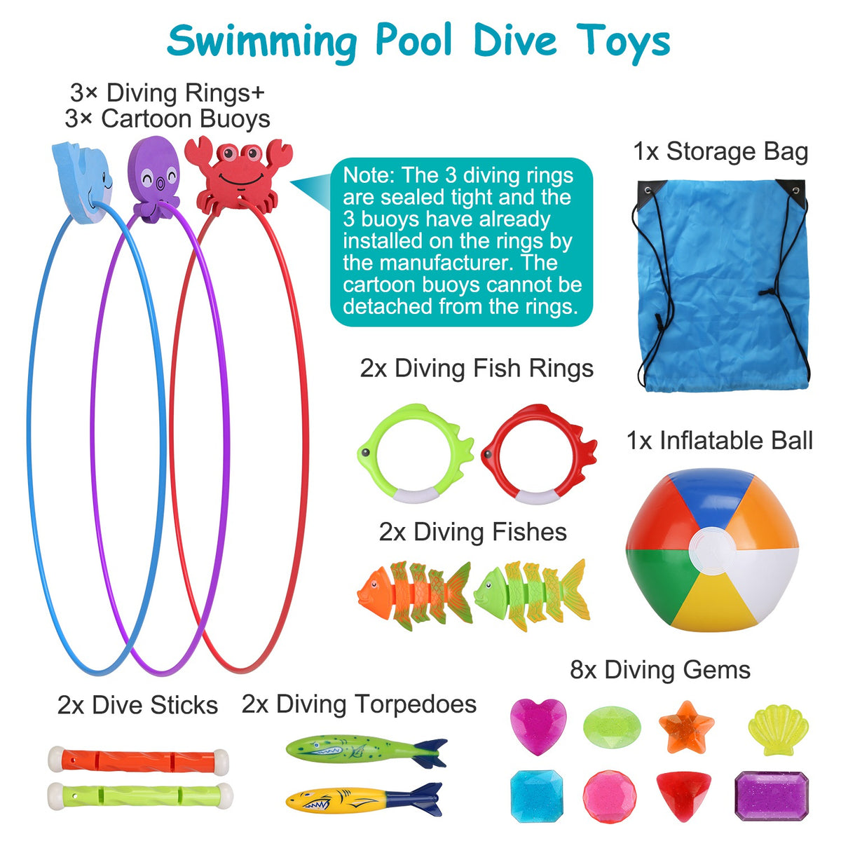 Swimming Pool Diving Toys Set - 24 Pieces with Storage Bag