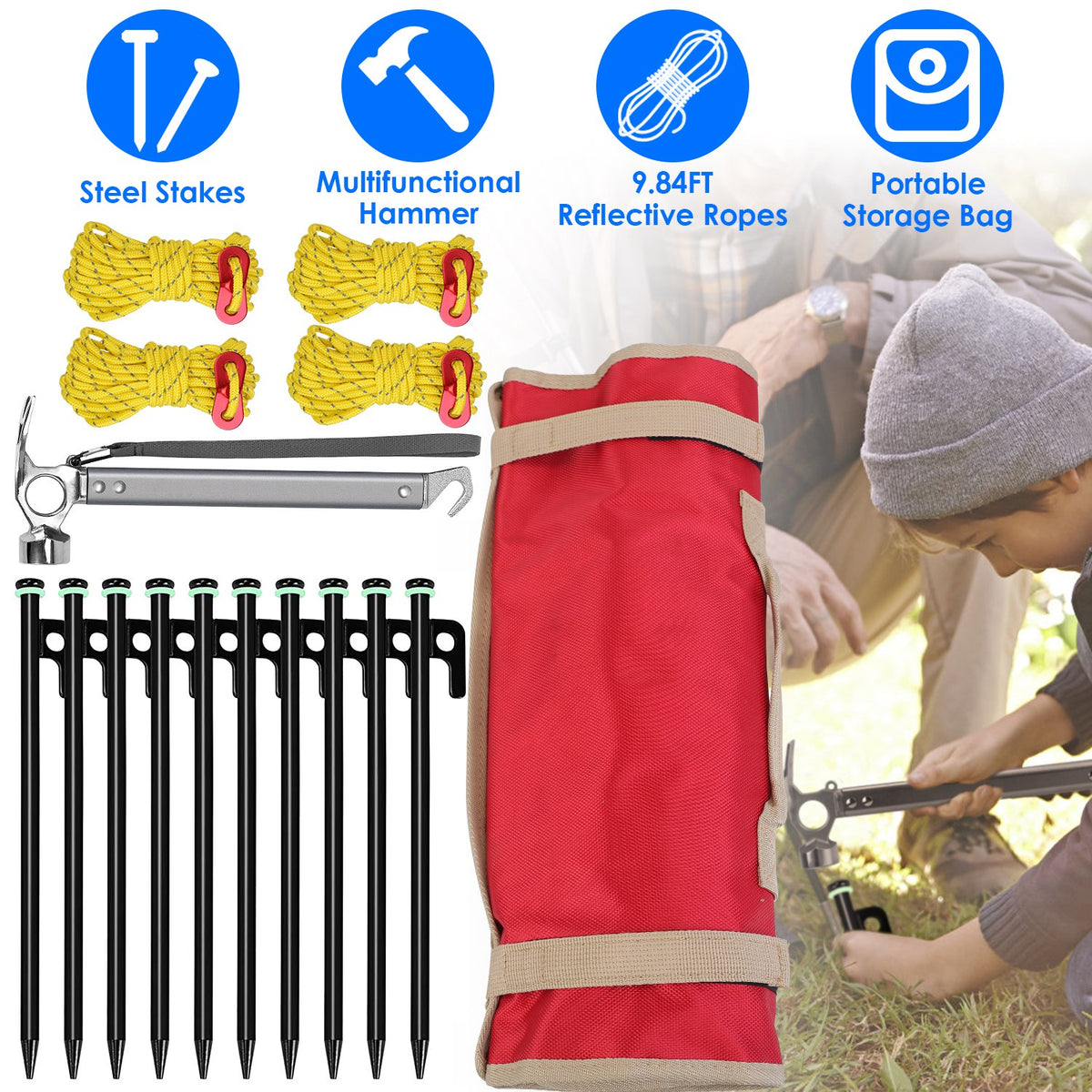 Tent Stakes Kit with Hammer and Reflective Ropes - 10 Stakes
