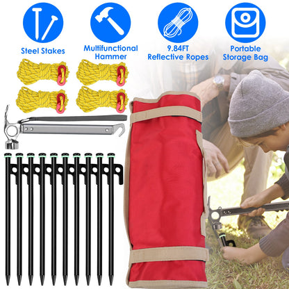Tent Stakes Kit with Hammer and Reflective Ropes - 10 Stakes
