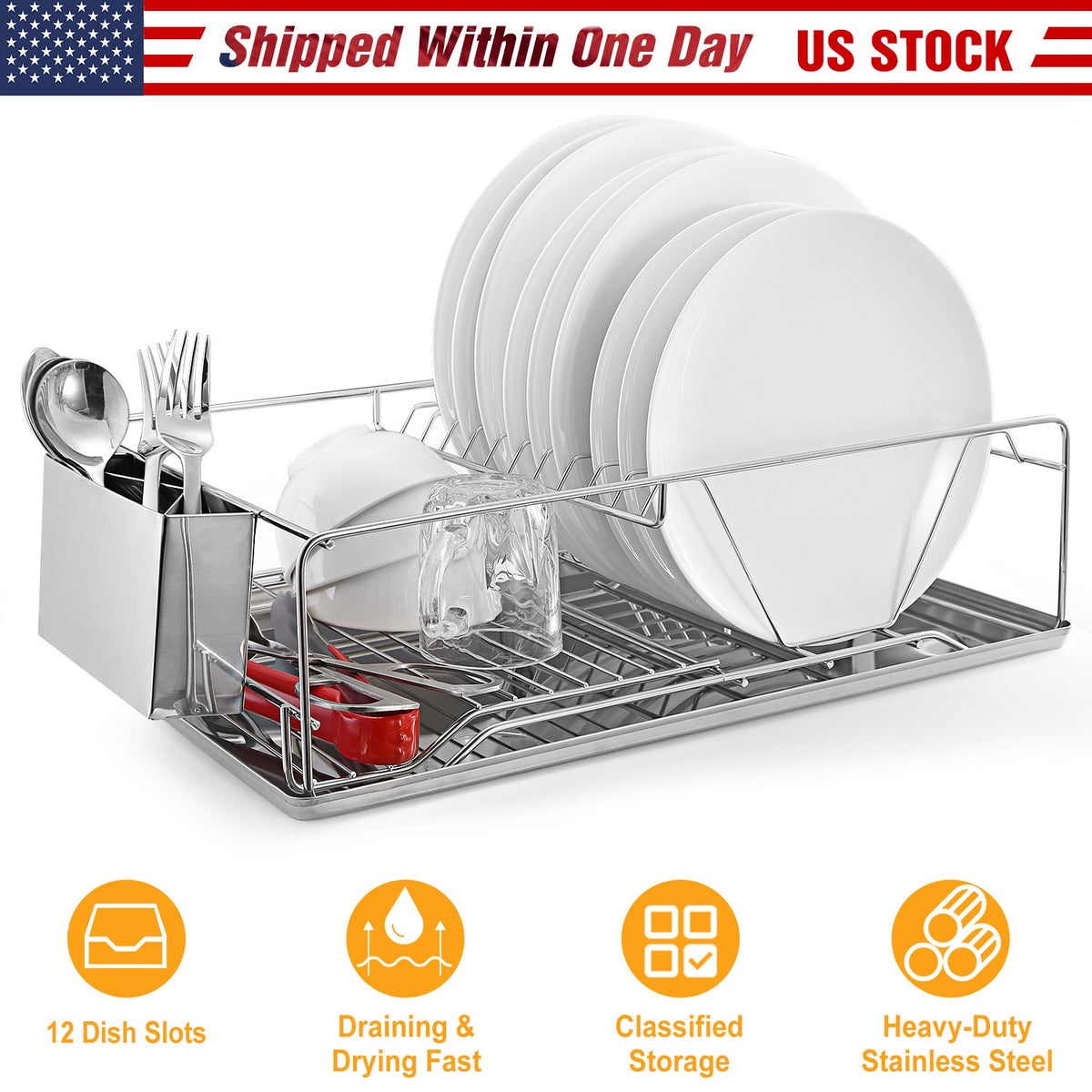 Stainless Steel Dish Drying Rack with Drainboard & Cutlery Holder
