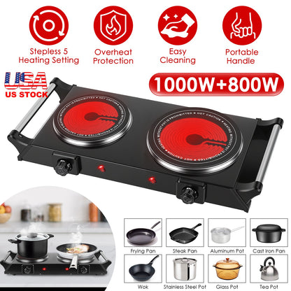 Electric Double Burner Hot Plate with Adjustable Temperature