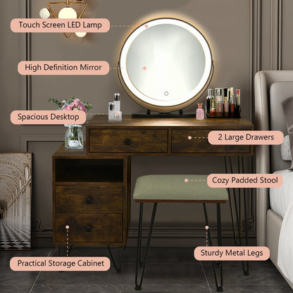 Vanity Table with LED Lighted Mirror and Storage Cabinet
