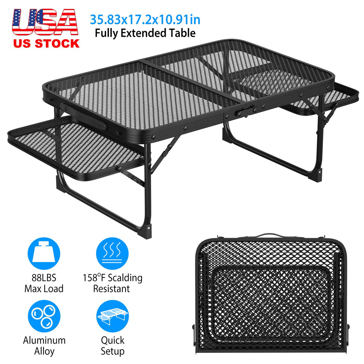 Foldable Camping Table with Dual Side Trays - 88 LBS Capacity