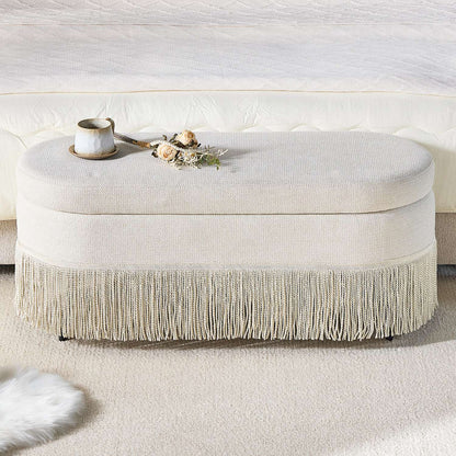 Oval Upholstered Storage Ottoman with Fringe Trim, 39.4"
