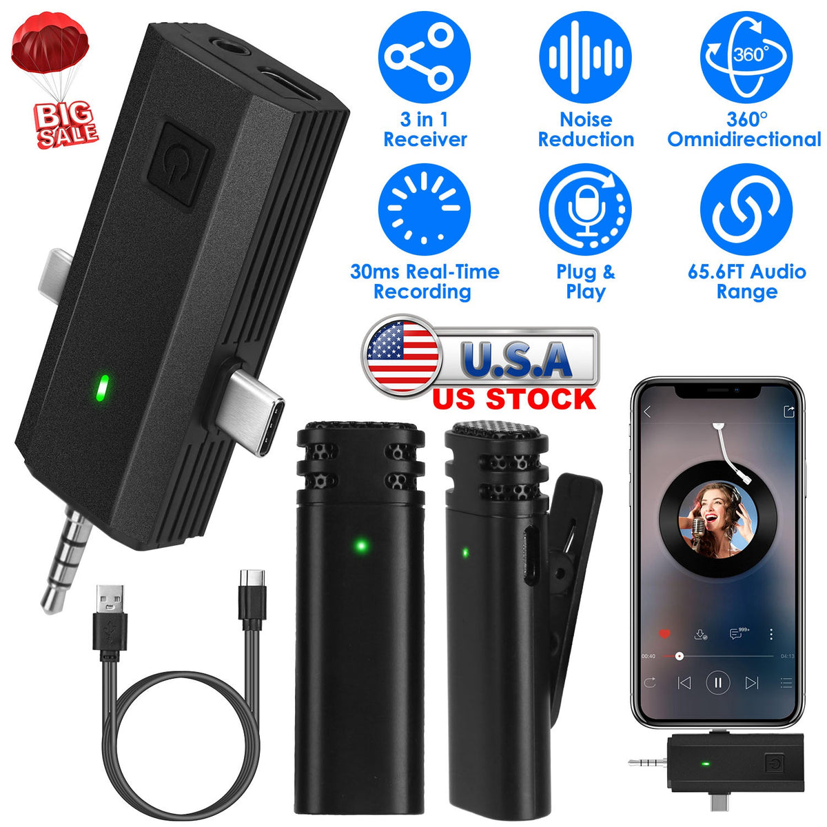 Wireless Clip-On Microphone with 3-in-1 Receiver