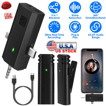 Wireless Clip-On Microphone with 3-in-1 Receiver