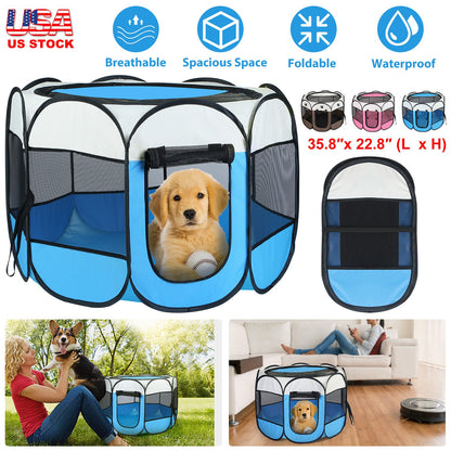 Foldable Pet Playpen with Mesh Panels and Zipper Top