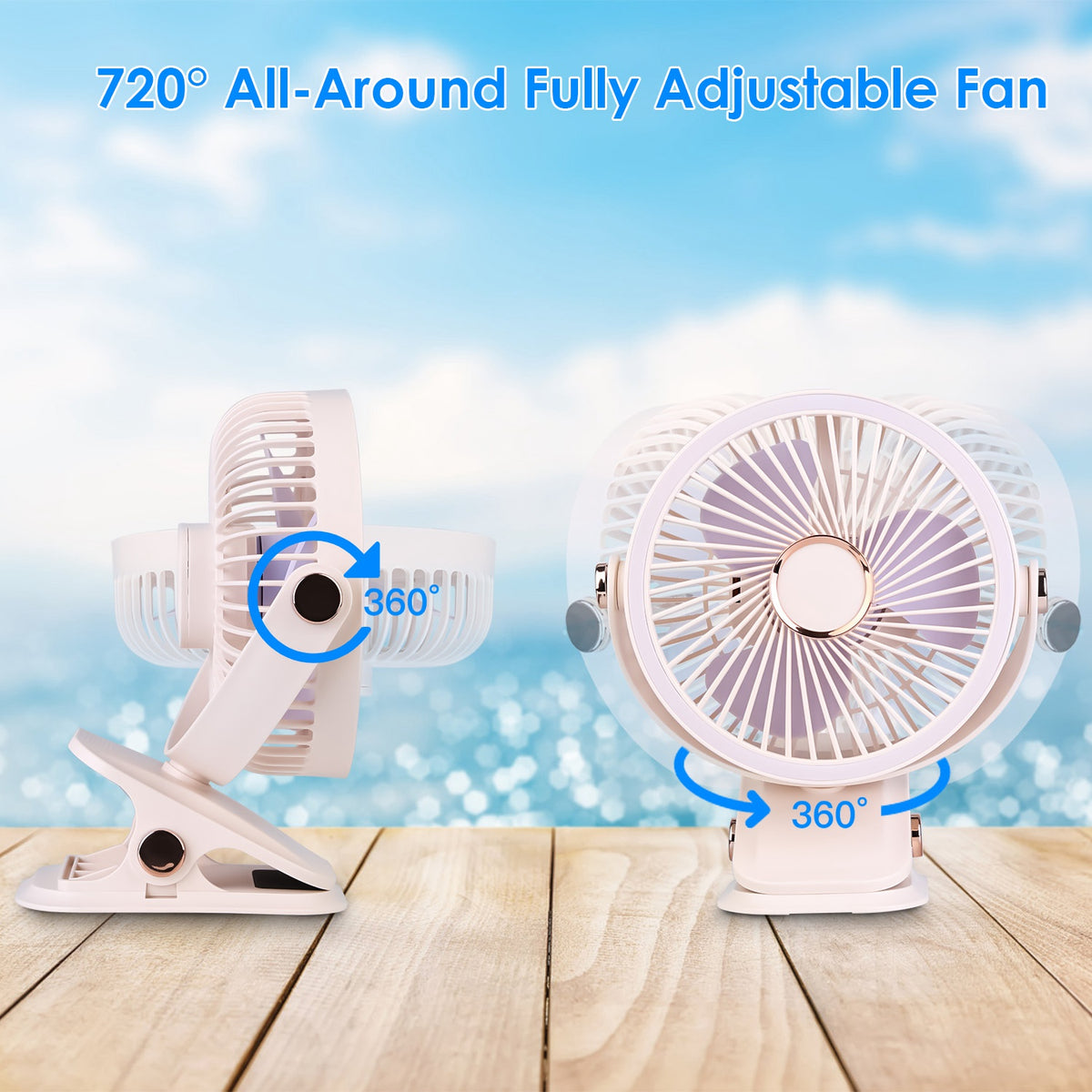 Clip-On Fan with 5 Speeds, LED Light & 720° Rotation