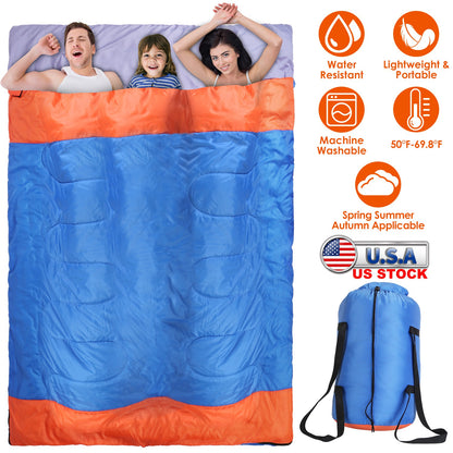 Double Sleeping Bag for 2-3 People - Water Resistant Cotton