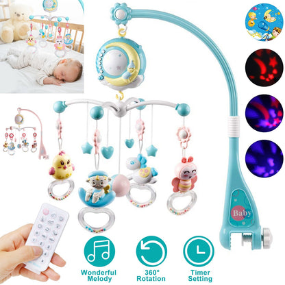 Baby Musical Crib Bed Bell Rotating Mobile Star Projection Nursery Light Baby Rattle Toy w/ Music Box Remote Control