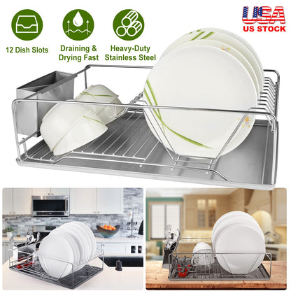 Stainless Steel Dish Drying Rack with Drainboard & Cutlery Holder