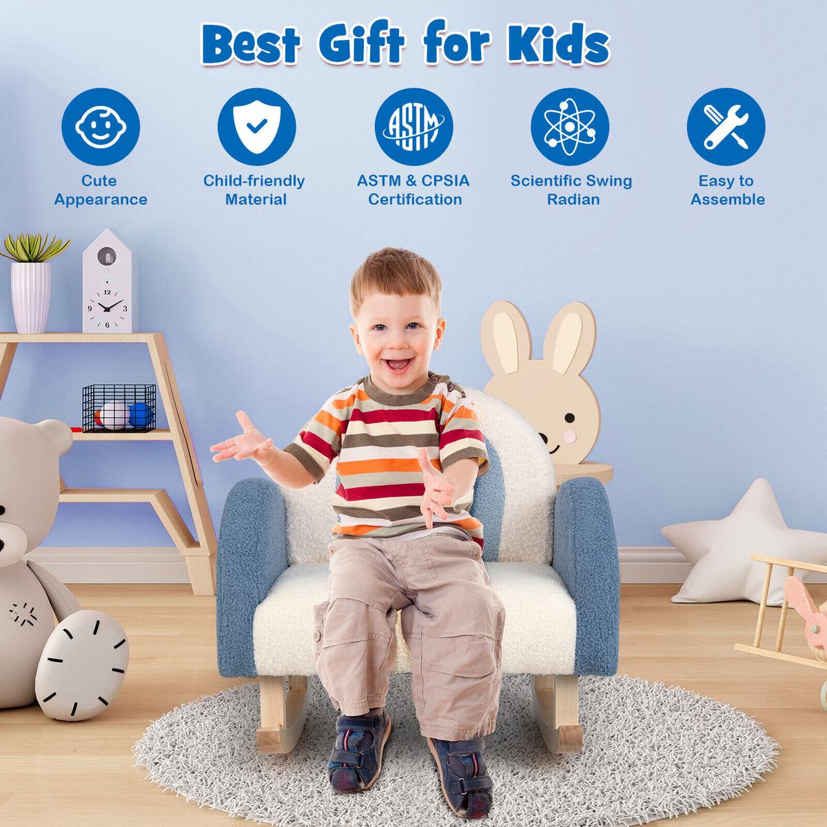 Kids Rocking Chair with Velvet Upholstery & Wood Legs