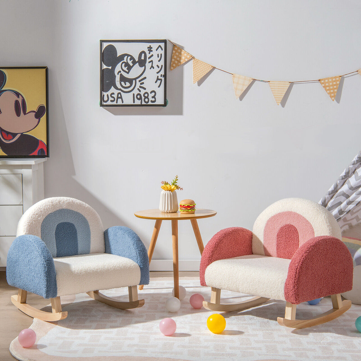 Kids Rocking Chair with Velvet Upholstery & Wood Legs