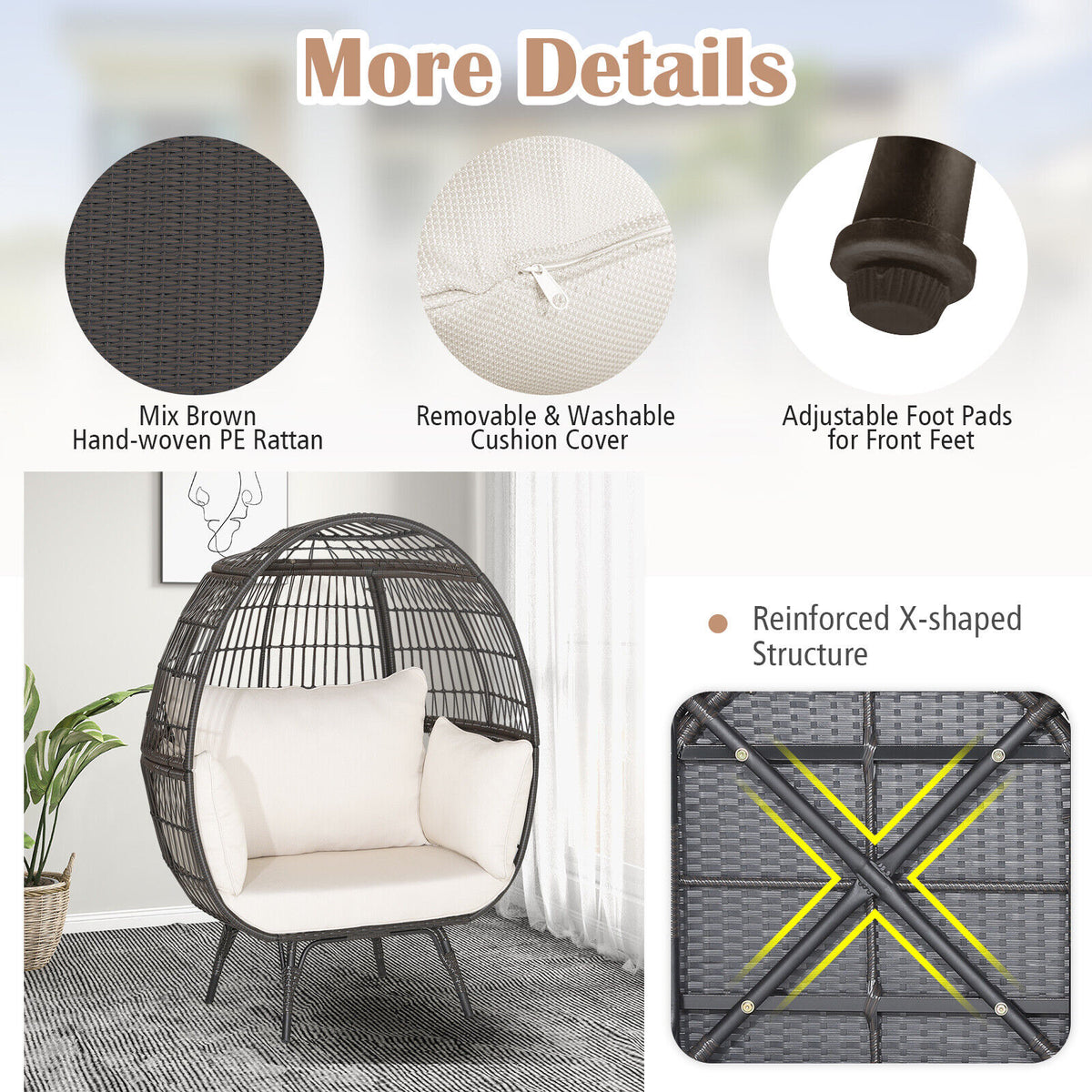Oversized Rattan Egg Lounge Chair with 4 Cushions