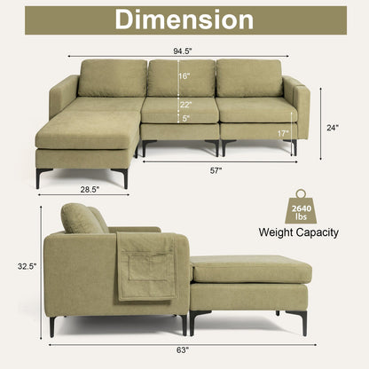 Modular 3-Seat L-shaped Sectional Sofa with Reversible Chaise and 2 USB Ports-Green