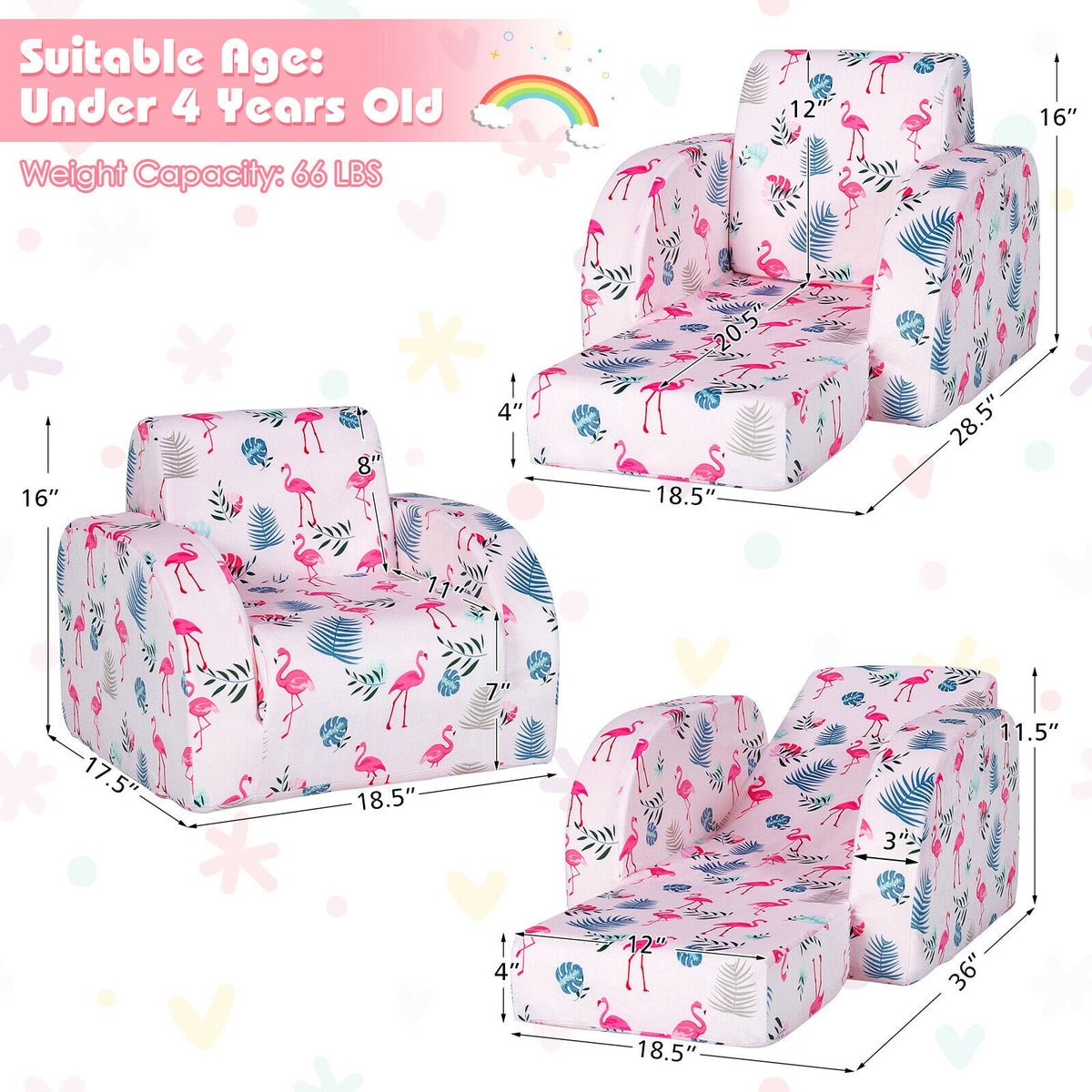 Kids Convertible Sofa Bed 3-in-1 Flip-Out Chair Lounger