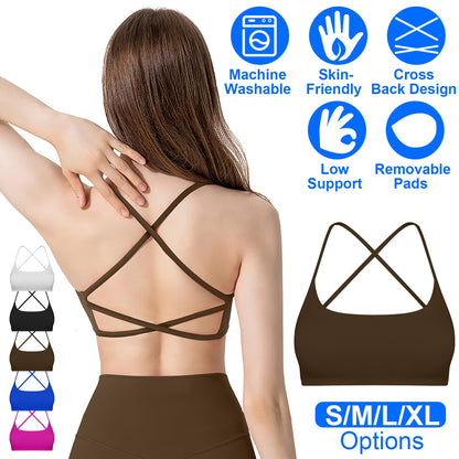 Women Cross Back Sport Bras Padded Strappy Crop Open Back Low Impact Bras Sexy Fitness Tank Tops with Removable Pads Thin Straps for Gym Yoga Workout