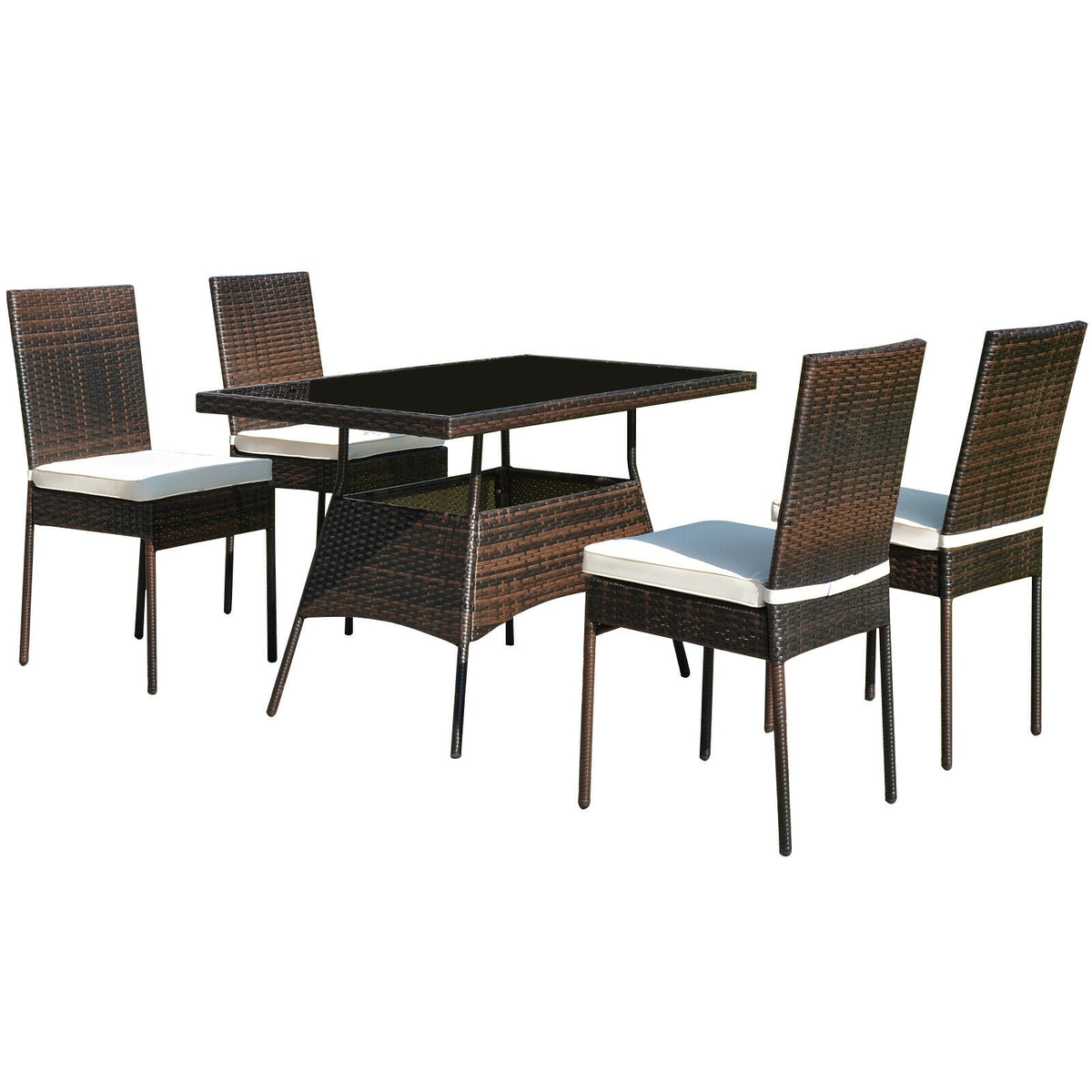5-Piece Rattan Patio Dining Set with Glass Table & Cushions