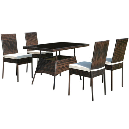 5-Piece Rattan Patio Dining Set with Glass Table & Cushions