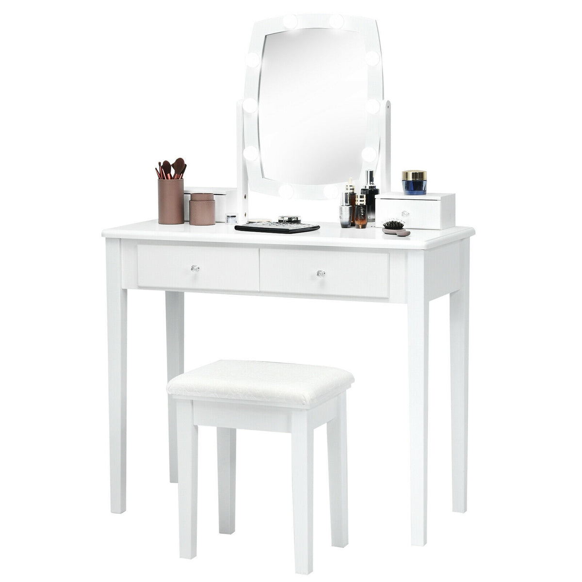 Lighted Vanity Table Set with Mirror and Stool