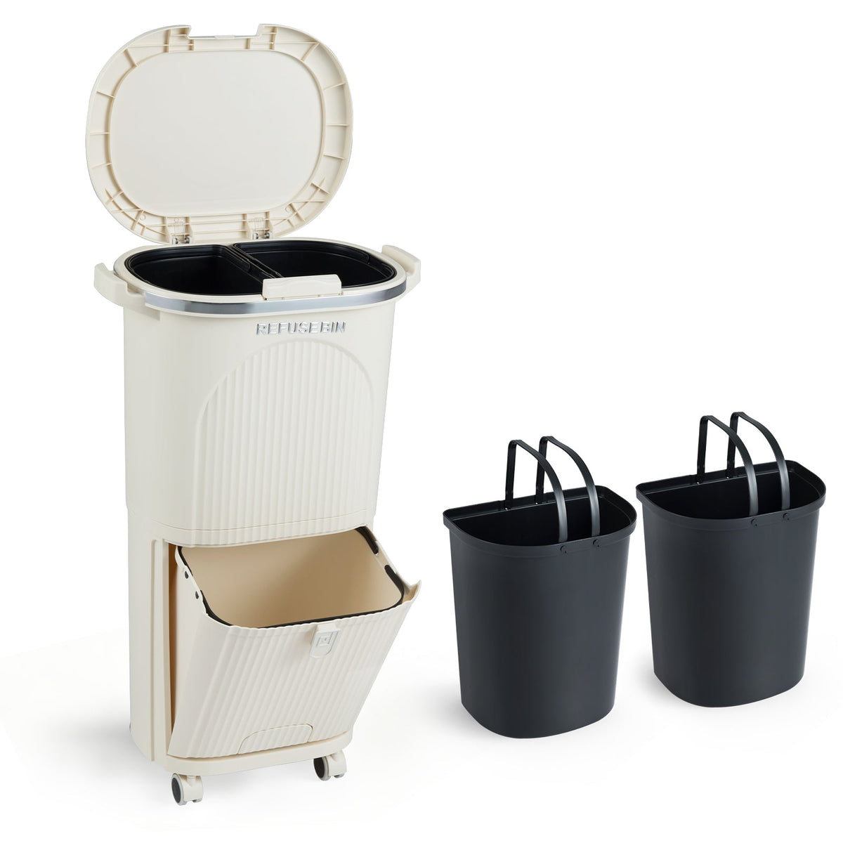 10 Gallon Kitchen Trash Can Double-Layer with Lid and 2 Removable Buckets-Beige