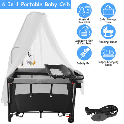 6-in-1 Foldable Baby Crib with Changing Table & Activity Center
