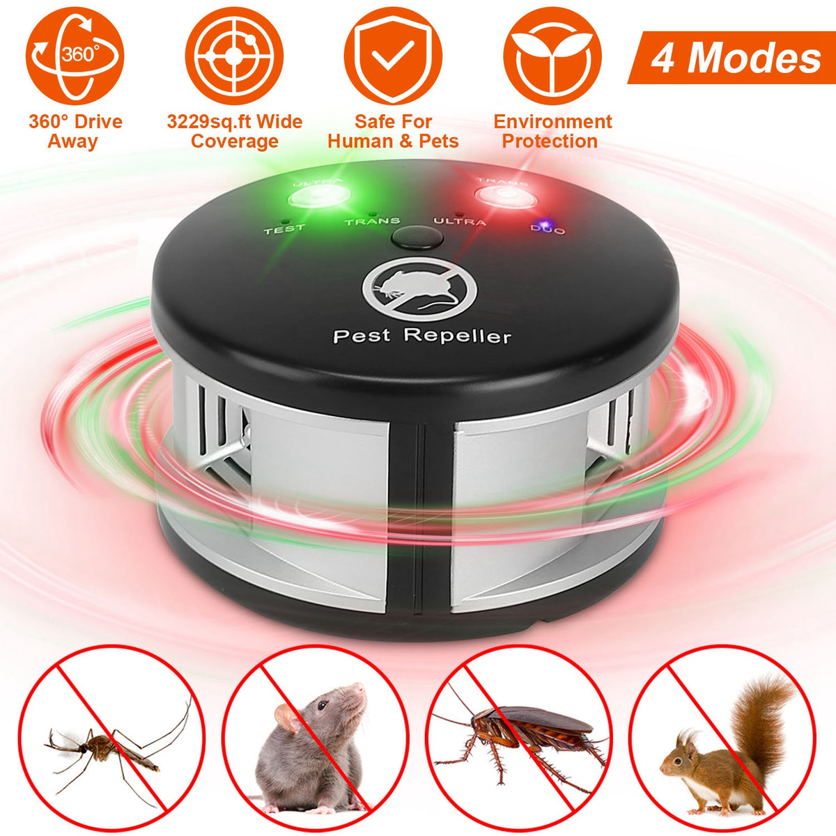 Ultrasonic Pest Repeller with 4 Modes for Indoor Use