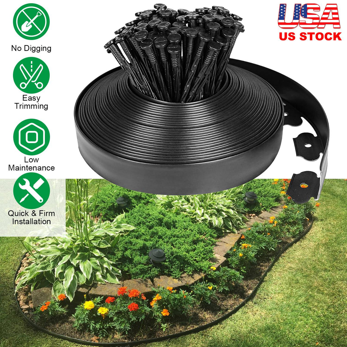 Plastic Garden Edging Kit 100FT with 90 Spikes No-Dig Border