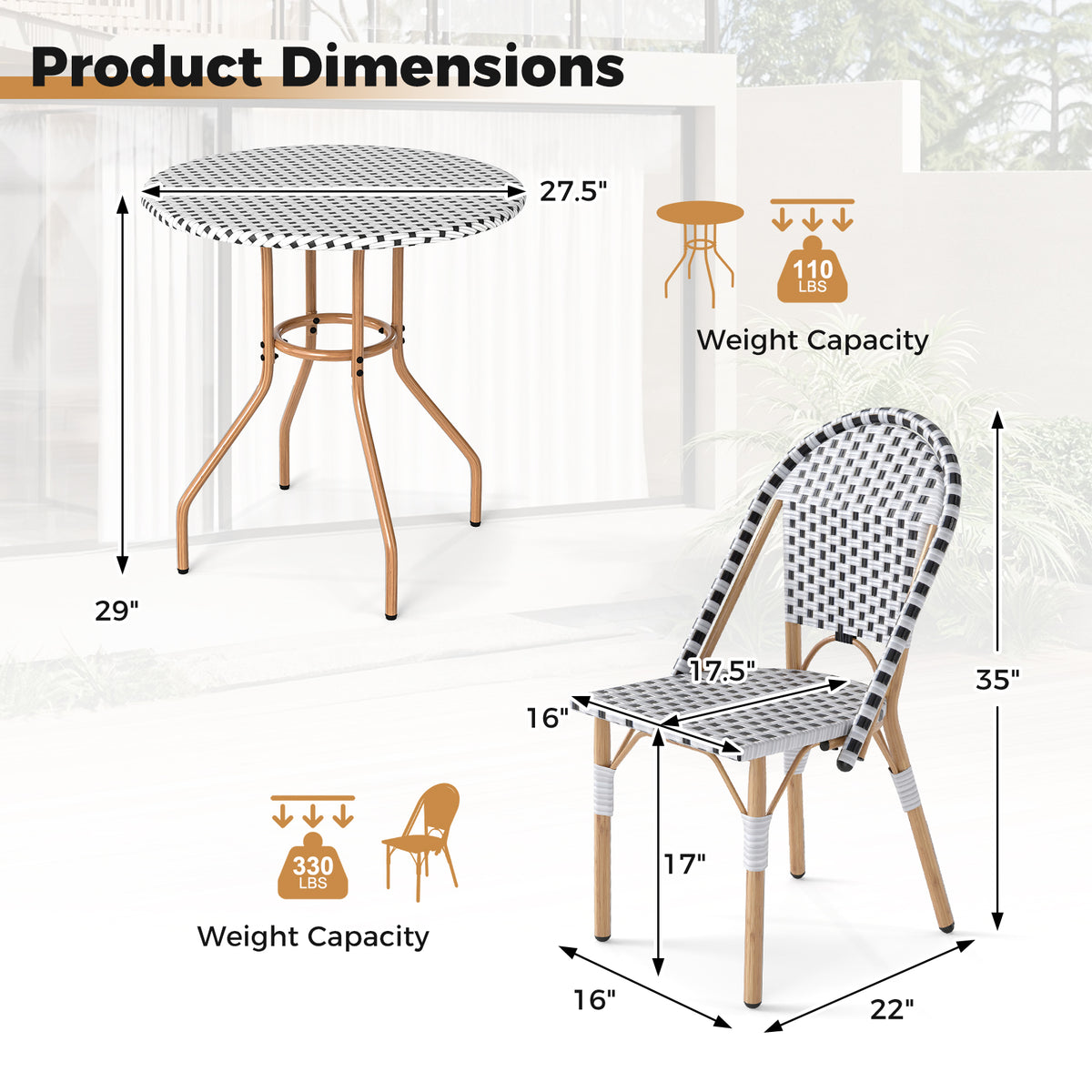 3-Piece Bistro Patio Dining Set with Round Table & 2 Chairs