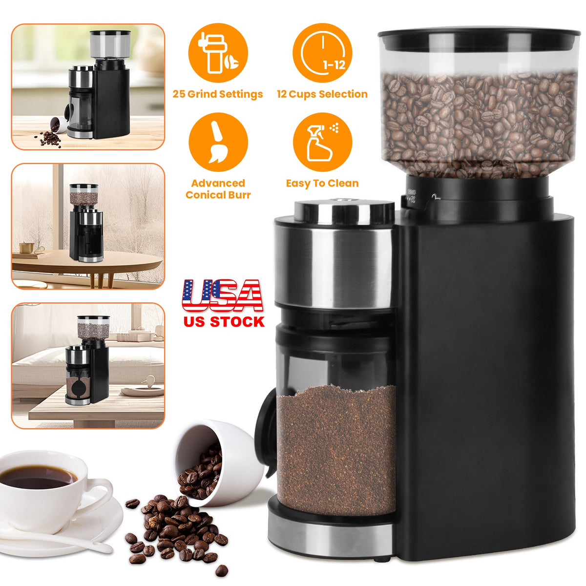 Electric Burr Coffee Grinder with 25 Grind Settings