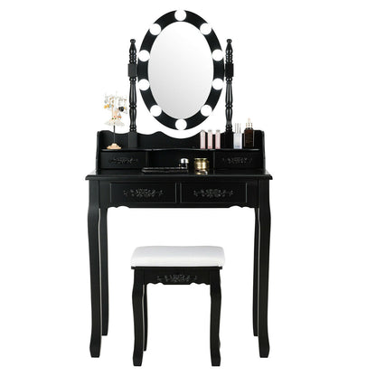 Makeup Vanity Table with Lighted Mirror and Cushioned Stool
