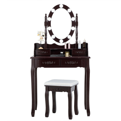Makeup Vanity Table with Lighted Mirror and Cushioned Stool