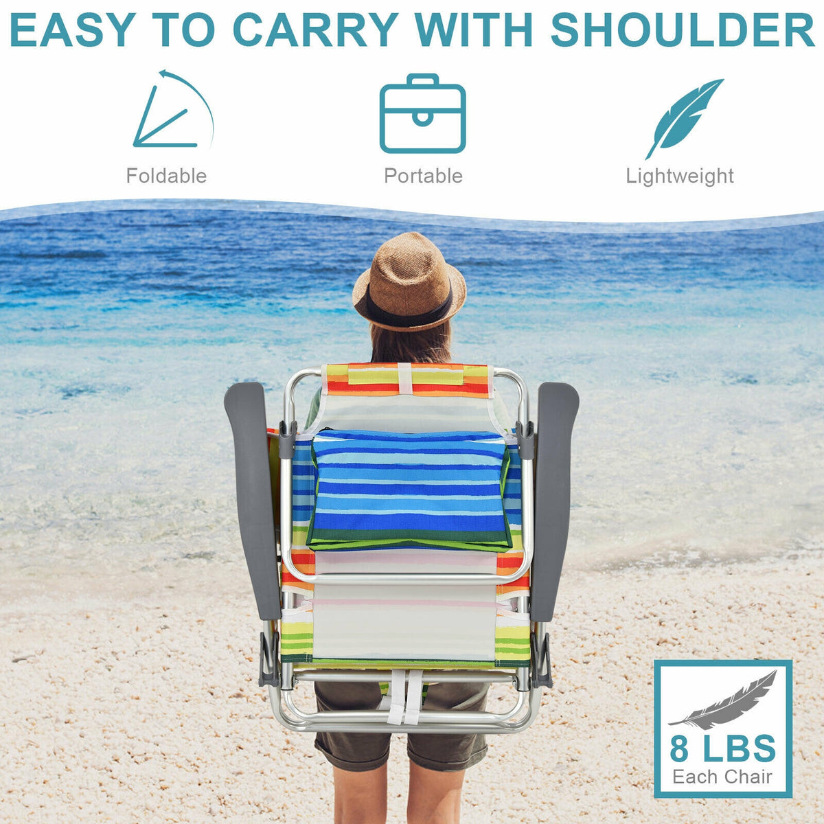 Folding Beach Chair 2-Pack with 5-Position Backrest & Pillow