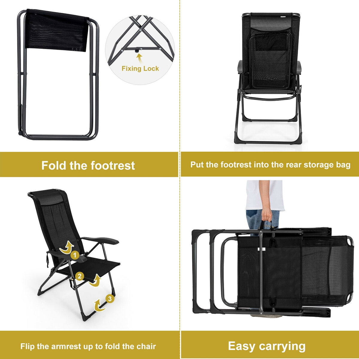 Adjustable Folding Patio Dining Chair with Ottoman Set (2-Pack)